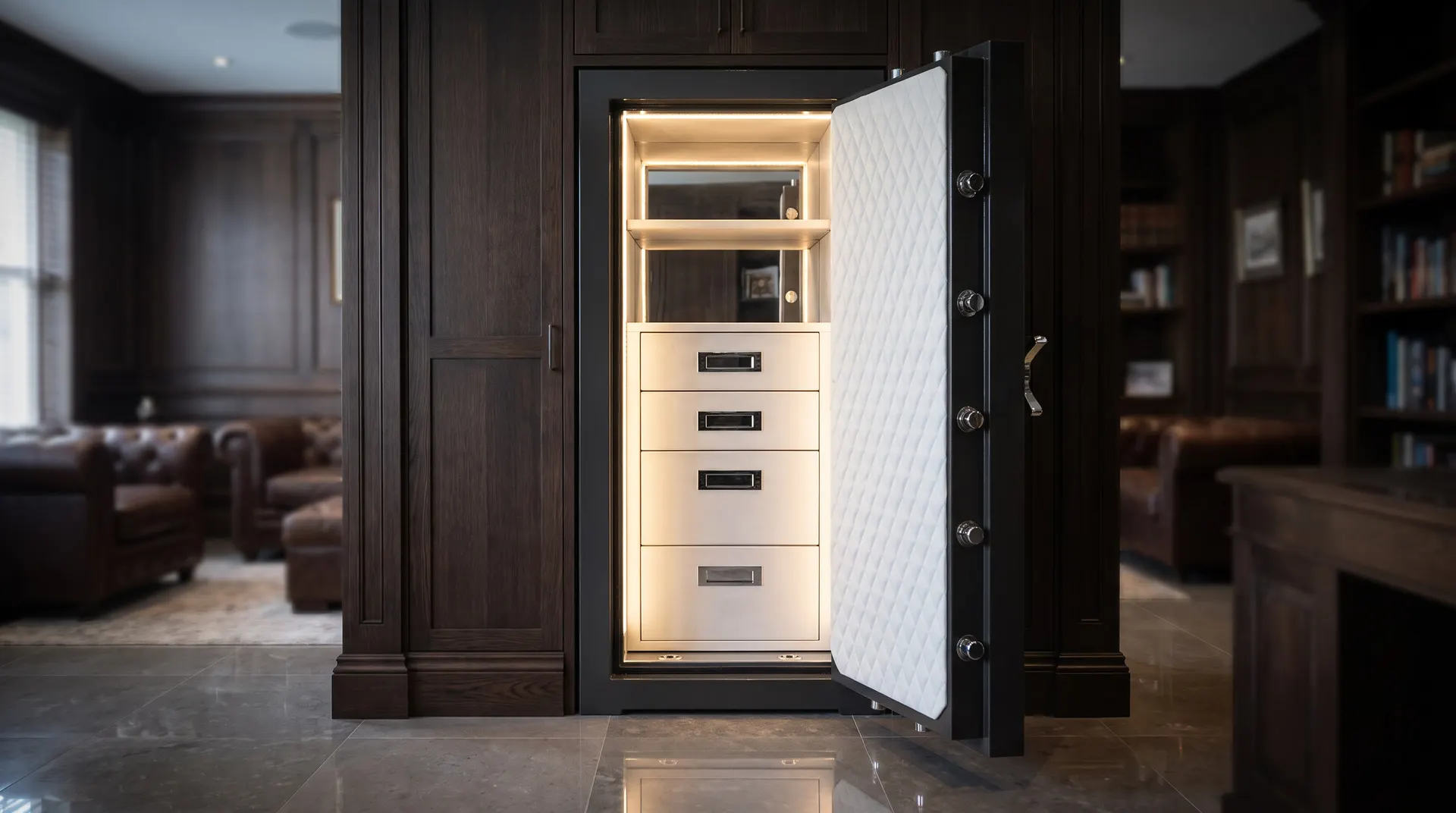 A safe with a custom interior: watch winders and timber drawers