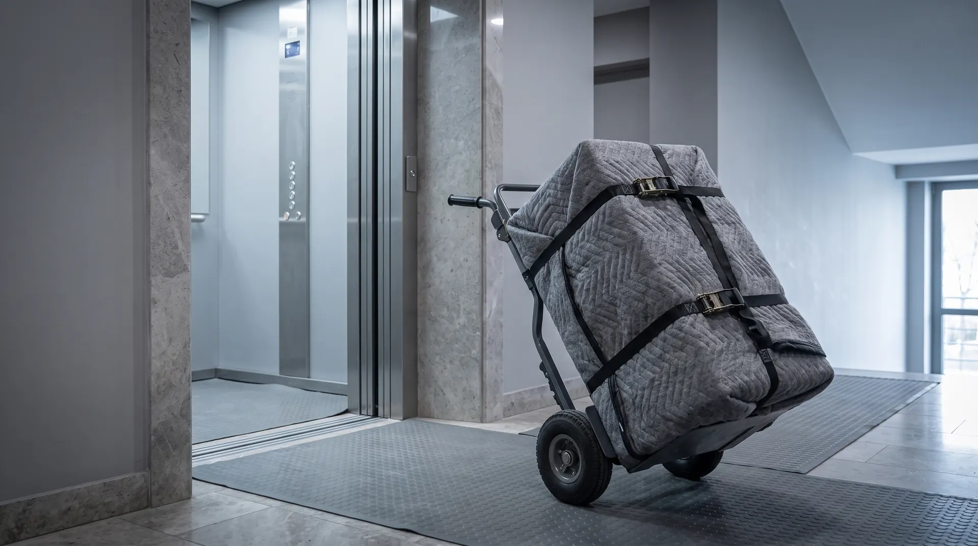 A blanket-wrapped safe being moved in front of the elevator