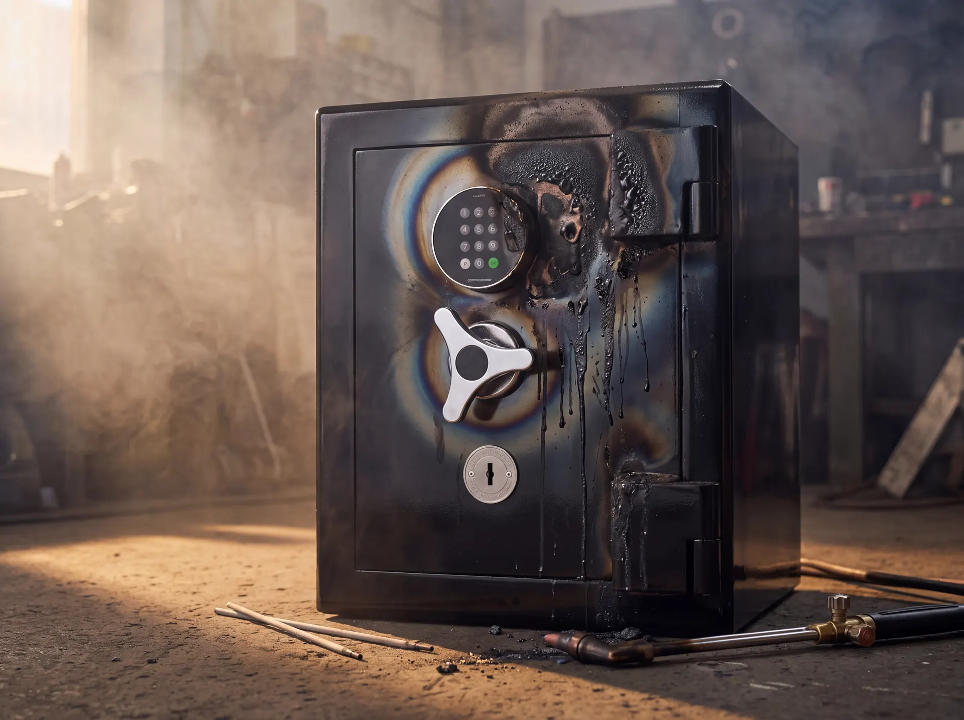 A safe door scorched by a cutting torch attempt but still unopened
