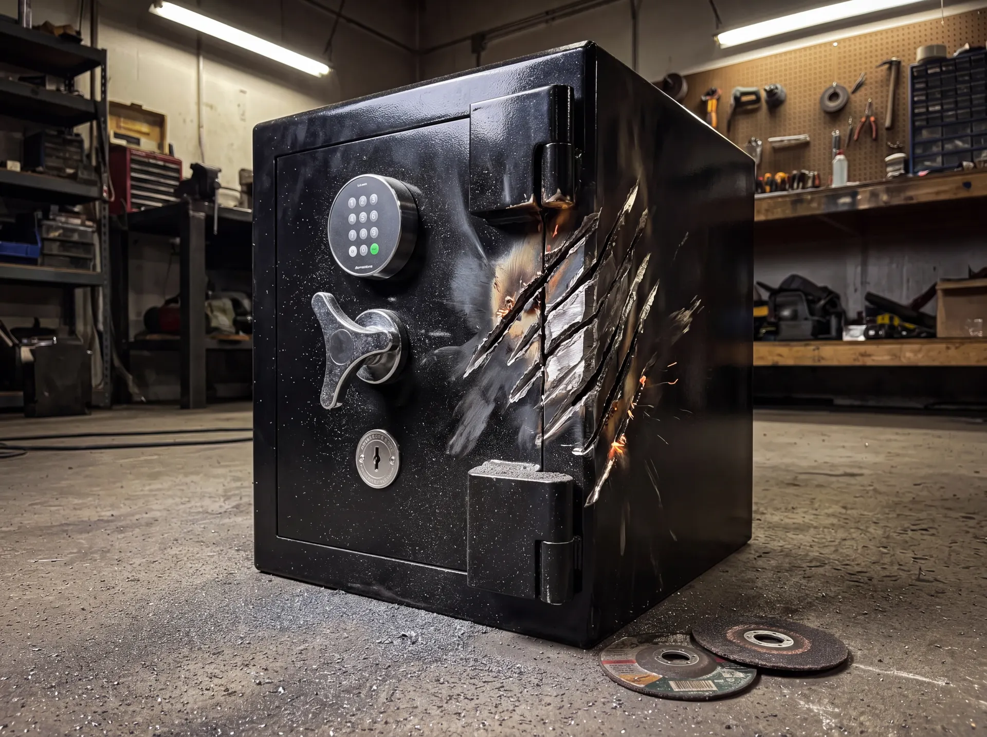 A steel safe body marked by cutting discs but never cut through
