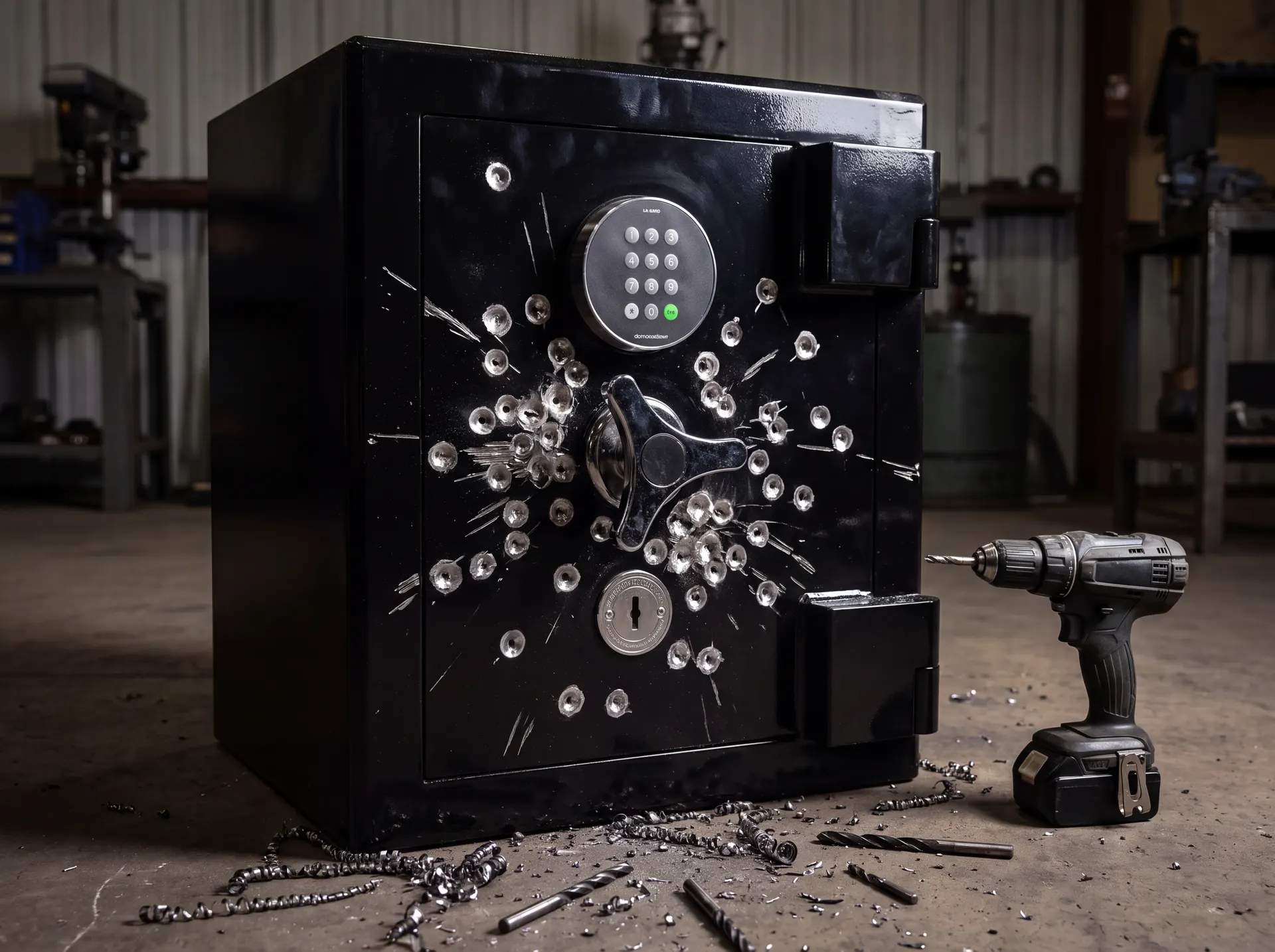 A steel safe door covered in drill marks but never penetrated